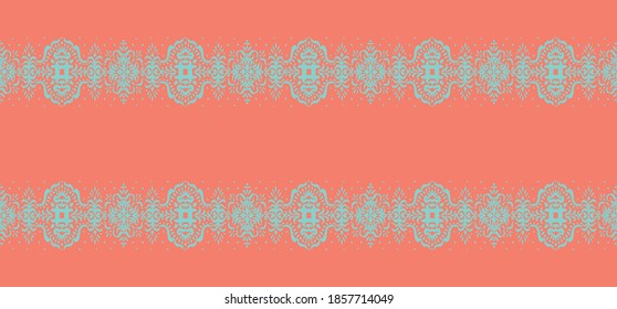 Ikat seamless pattern. Border with snowflakes. Openwork lace. New year Christmas background. Vector tie dye shibori print with stripes and chevron. Ink textured japanese background. Bohemian fashion. 