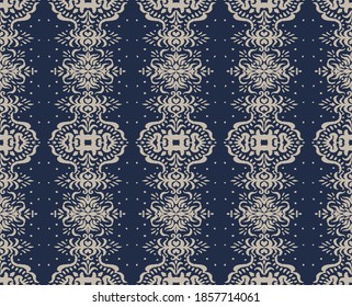 Patrón ininterrumpido de Ikat. Borde con copos de nieve. Lugar de apertura. Antecedentes de Navidad de Año Nuevo. Huella shibori de tinte vectorial con rayas y chevron. La tinta textura el fondo japonés. Moda bohemia. 