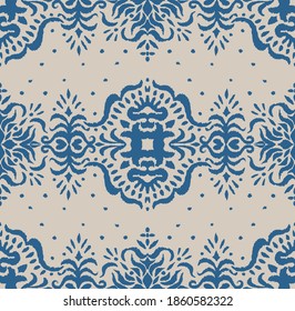 Ikat seamless pattern. Border with snowflakes. Openwork lace. New year Christmas background. Vector tie dye shibori print with stripes and chevron. Ink textured japanese background. Bohemian fashion. 