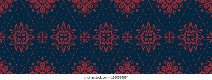 Patrón ininterrumpido de Ikat. Borde con copos de nieve. Lugar de apertura. Antecedentes de Navidad de Año Nuevo. Huella shibori de tinte vectorial con rayas y chevron. La tinta textura el fondo japonés. Moda bohemia. 