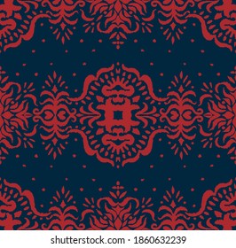 Ikat seamless pattern. Border with snowflakes. Openwork lace. New year Christmas background. Vector tie dye shibori print with stripes and chevron. Ink textured japanese background. Bohemian fashion. 