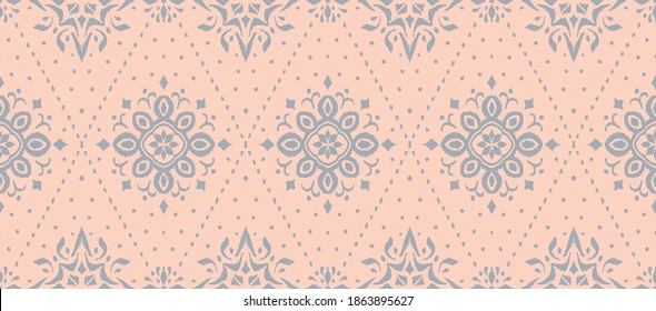 Ikat seamless pattern. Border with snowflakes. Openwork lace. New year Christmas background. Vector tie dye shibori print with stripes and chevron. Ink textured japanese background. Bohemian fashion. 