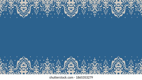 Ikat seamless pattern. Border with snowflakes. Openwork lace. New year Christmas background. Vector tie dye shibori print with stripes and chevron. Ink textured japanese background. Bohemian fashion. 