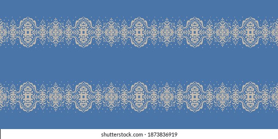 Ikat seamless pattern. Border with snowflakes. Openwork lace. New year Christmas background. Vector tie dye shibori print with stripes and chevron. Ink textured japanese background. Bohemian fashion. 