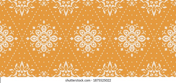 Ikat seamless pattern. Border with snowflakes. Openwork lace. New year Christmas background. Vector tie dye shibori print with stripes and chevron. Ink textured japanese background. Bohemian fashion. 