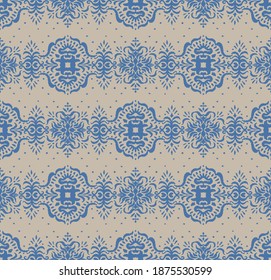 Ikat seamless pattern. Border with snowflakes. Openwork lace. New year Christmas background. Vector tie dye shibori print with stripes and chevron. Ink textured japanese background. Bohemian fashion. 