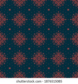 Ikat seamless pattern. Border with snowflakes. Openwork lace. New year Christmas background. Vector tie dye shibori print with stripes and chevron. Ink textured japanese background. Bohemian fashion. 