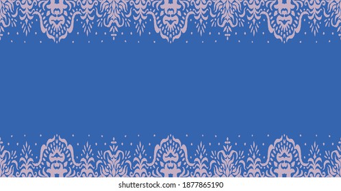 Ikat seamless pattern. Border with snowflakes. Openwork lace. New year Christmas background. Vector tie dye shibori print with stripes and chevron. Ink textured japanese background. Bohemian fashion. 