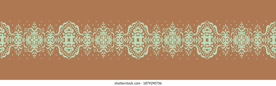 Ikat seamless pattern. Border with snowflakes. Openwork lace. New year Christmas background. Vector tie dye shibori print with stripes and chevron. Ink textured japanese background. Bohemian fashion. 