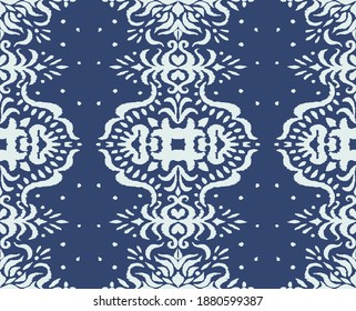Ikat seamless pattern. Border with snowflakes. Openwork lace. New year Christmas background. Vector tie dye shibori print with stripes and chevron. Ink textured japanese background. Bohemian fashion. 