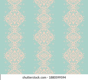 Ikat seamless pattern. Border with snowflakes. Openwork lace. New year Christmas background. Vector tie dye shibori print with stripes and chevron. Ink textured japanese background. Bohemian fashion. 