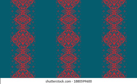 Ikat seamless pattern. Border with snowflakes. Openwork lace. New year Christmas background. Vector tie dye shibori print with stripes and chevron. Ink textured japanese background. Bohemian fashion. 