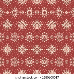 Ikat seamless pattern. Border with snowflakes. Openwork lace. New year Christmas background. Vector tie dye shibori print with stripes and chevron. Ink textured japanese background. Bohemian fashion. 