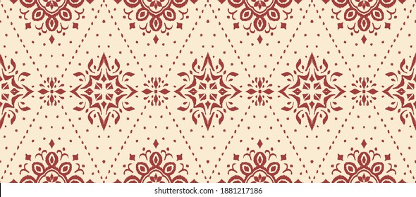 Ikat seamless pattern. Border with snowflakes. Openwork lace. New year Christmas background. Vector tie dye shibori print with stripes and chevron. Ink textured japanese background. Bohemian fashion. 