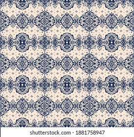 Ikat seamless pattern. Border with snowflakes. Openwork lace. New year Christmas background. Vector tie dye shibori print with stripes and chevron. Ink textured japanese background. Bohemian fashion. 