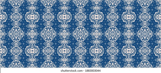 Ikat seamless pattern. Border with snowflakes. Openwork lace. New year Christmas background. Vector tie dye shibori print with stripes and chevron. Ink textured japanese background. Bohemian fashion. 
