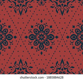 Ikat seamless pattern. Border with snowflakes. Openwork lace. New year Christmas background. Vector tie dye shibori print with stripes and chevron. Ink textured japanese background. Bohemian fashion. 