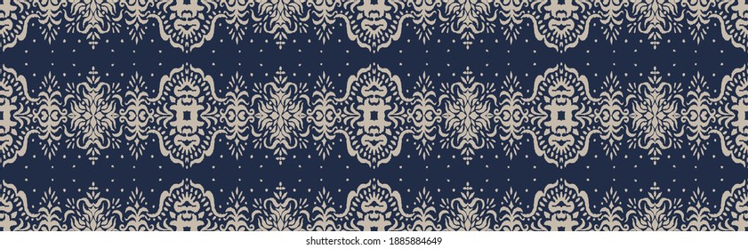 Patrón ininterrumpido de Ikat. Borde con copos de nieve. Lugar de apertura. Antecedentes de Navidad de Año Nuevo. Huella shibori de tinte vectorial con rayas y chevron. La tinta textura el fondo japonés. Moda bohemia. 