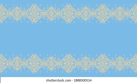 Ikat seamless pattern. Border with snowflakes. Openwork lace. New year Christmas background. Vector tie dye shibori print with stripes and chevron. Ink textured japanese background. Bohemian fashion. 