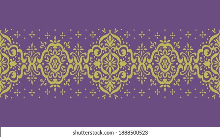 Ikat seamless pattern. Border with snowflakes. Openwork lace. New year Christmas background. Vector tie dye shibori print with stripes and chevron. Ink textured japanese background. Bohemian fashion. 