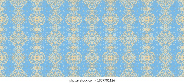 Ikat seamless pattern. Border with snowflakes. Openwork lace. New year Christmas background. Vector tie dye shibori print with stripes and chevron. Ink textured japanese background. Bohemian fashion. 