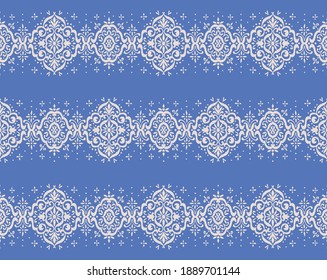 Ikat nahtloses Muster. Grenze mit Schneeflocken. Arbeitstisch. Neues Jahr Weihnachten Hintergrund. Vektorbinde Farbe Shibori Druck mit Streifen und Chevron. Tintenfisch strukturierter japanischer Hintergrund. Böhmische Mode. 