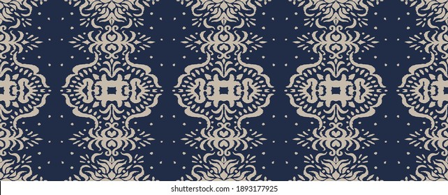 Ikat seamless pattern. Border with snowflakes. Openwork lace. New year Christmas background. Vector tie dye shibori print with stripes and chevron. Ink textured japanese background. Bohemian fashion. 