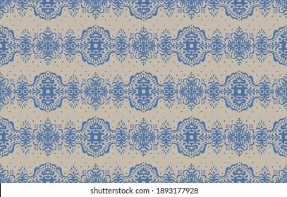 Ikat seamless pattern. Border with snowflakes. Openwork lace. New year Christmas background. Vector tie dye shibori print with stripes and chevron. Ink textured japanese background. Bohemian fashion. 