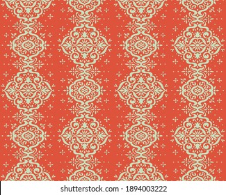 Ikat seamless pattern. Border with snowflakes. Openwork lace. New year Christmas background. Vector tie dye shibori print with stripes and chevron. Ink textured japanese background. Bohemian fashion. 