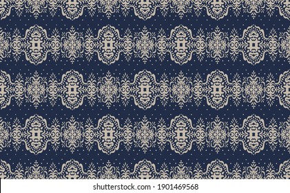Patrón ininterrumpido de Ikat. Borde con copos de nieve. Lugar de apertura. Antecedentes de Navidad de Año Nuevo. Huella shibori de tinte vectorial con rayas y chevron. La tinta textura el fondo japonés. Moda bohemia. 