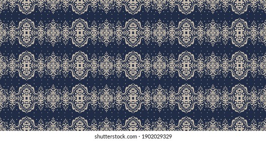 Ikat seamless pattern. Border with snowflakes. Openwork lace. New year Christmas background. Vector tie dye shibori print with stripes and chevron. Ink textured japanese background. Bohemian fashion. 