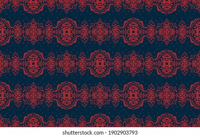 Patrón ininterrumpido de Ikat. Borde con copos de nieve. Lugar de apertura. Antecedentes de Navidad de Año Nuevo. Huella shibori de tinte vectorial con rayas y chevron. La tinta textura el fondo japonés. Moda bohemia. 