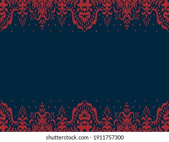 Ikat seamless pattern. Border with snowflakes. Openwork lace. New year Christmas background. Vector tie dye shibori print with stripes and chevron. Ink textured japanese background. Bohemian fashion. 