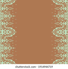 Ikat seamless pattern. Border with snowflakes. Openwork lace. New year Christmas background. Vector tie dye shibori print with stripes and chevron. Ink textured japanese background. Bohemian fashion. 