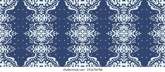 Patrón ininterrumpido de Ikat. Borde con copos de nieve. Lugar de apertura. Antecedentes de Navidad de Año Nuevo. Huella shibori de tinte vectorial con rayas y chevron. La tinta textura el fondo japonés. Moda bohemia. 