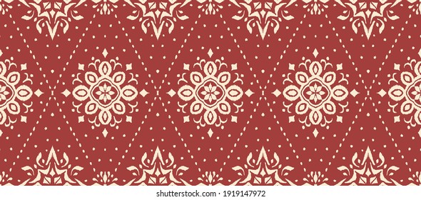 Patrón ininterrumpido de Ikat. Borde con copos de nieve. Lugar de apertura. Antecedentes de Navidad de Año Nuevo. Huella shibori de tinte vectorial con rayas y chevron. La tinta textura el fondo japonés. Moda bohemia. 