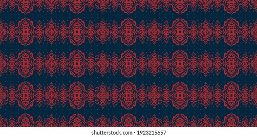 Ikat seamless pattern. Border with snowflakes. Openwork lace. New year Christmas background. Vector tie dye shibori print with stripes and chevron. Ink textured japanese background. Bohemian fashion. 