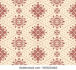 Ikat seamless pattern. Border with snowflakes. Openwork lace. New year Christmas background. Vector tie dye shibori print with stripes and chevron. Ink textured japanese background. Bohemian fashion. 