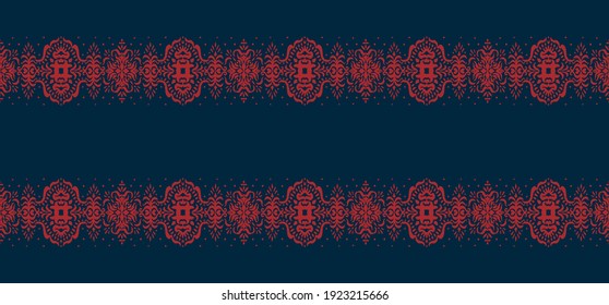Ikat seamless pattern. Border with snowflakes. Openwork lace. New year Christmas background. Vector tie dye shibori print with stripes and chevron. Ink textured japanese background. Bohemian fashion. 