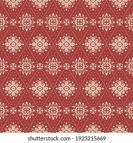 Ikat seamless pattern. Border with snowflakes. Openwork lace. New year Christmas background. Vector tie dye shibori print with stripes and chevron. Ink textured japanese background. Bohemian fashion. 