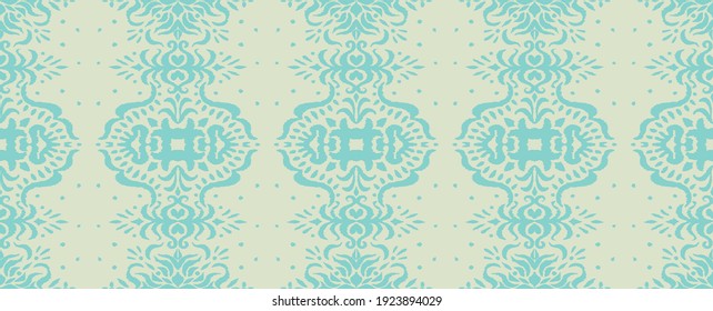 Ikat seamless pattern. Border with snowflakes. Openwork lace. New year Christmas background. Vector tie dye shibori print with stripes and chevron. Ink textured japanese background. Bohemian fashion. 
