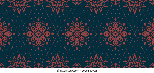 Ikat seamless pattern. Border with snowflakes. Openwork lace. New year Christmas background. Vector tie dye shibori print with stripes and chevron. Ink textured japanese background. Bohemian fashion. 