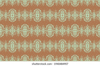 Ikat seamless pattern. Border with snowflakes. Openwork lace. New year Christmas background. Vector tie dye shibori print with stripes and chevron. Ink textured japanese background. Bohemian fashion. 