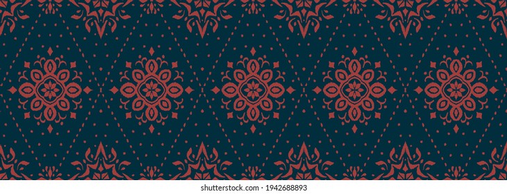 Patrón ininterrumpido de Ikat. Borde con copos de nieve. Lugar de apertura. Antecedentes de Navidad de Año Nuevo. Huella shibori de tinte vectorial con rayas y chevron. La tinta textura el fondo japonés. Moda bohemia. 