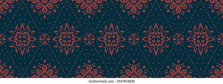 Ikat seamless pattern. Border with snowflakes. Openwork lace. New year Christmas background. Vector tie dye shibori print with stripes and chevron. Ink textured japanese background. Bohemian fashion. 