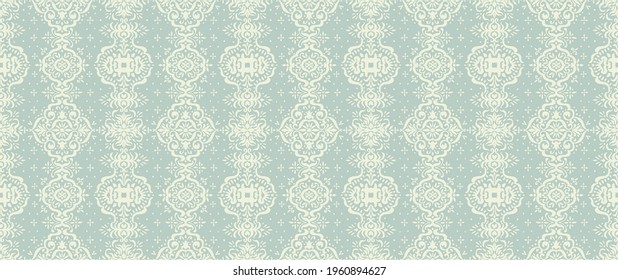 Ikat seamless pattern. Border with snowflakes. Openwork lace. New year Christmas background. Vector tie dye shibori print with stripes and chevron. Ink textured japanese background. Bohemian fashion. 