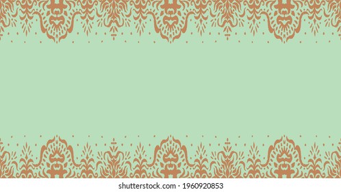 Ikat seamless pattern. Border with snowflakes. Openwork lace. New year Christmas background. Vector tie dye shibori print with stripes and chevron. Ink textured japanese background. Bohemian fashion. 