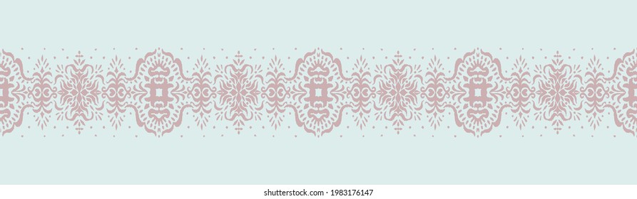 Ikat seamless pattern. Border with snowflakes. Openwork lace. New year Christmas background. Vector tie dye shibori print with stripes and chevron. Ink textured japanese background. Bohemian fashion. 