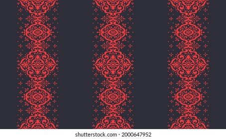 Ikat seamless pattern. Border with snowflakes. Openwork lace. New year Christmas background. Vector tie dye shibori print with stripes and chevron. Ink textured japanese background. Bohemian fashion. 
