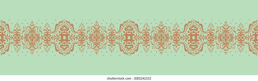 Ikat seamless pattern. Border with snowflakes. Openwork lace. New year Christmas background. Vector tie dye shibori print with stripes and chevron. Ink textured japanese background. Bohemian fashion. 